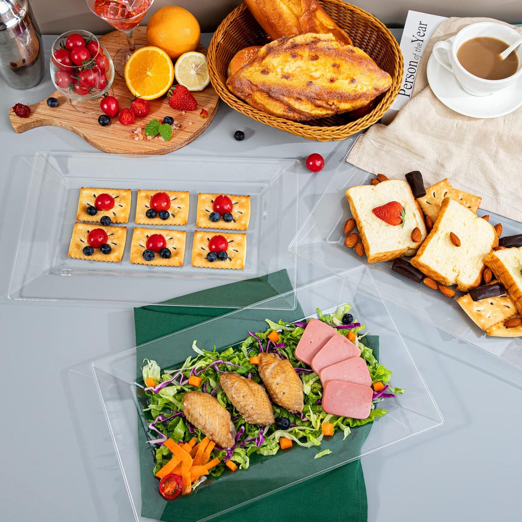 12 Pack Plastic Serving Trays, Heavy Duty Clear Plastic Serving Platters 13”×8” Rectangle Disposable Serving Platters