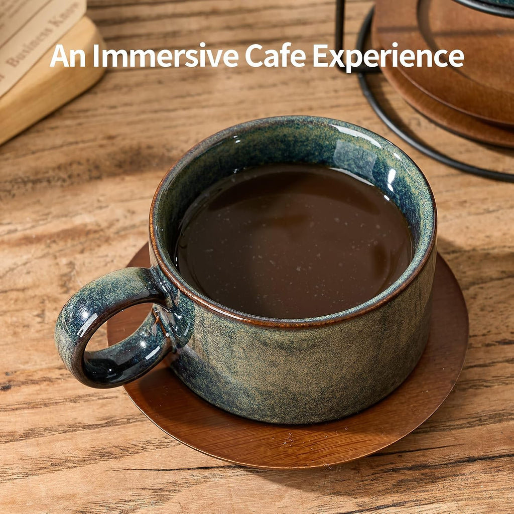 6 Ounce Porcelain Stackable Espresso Cups with Saucers and Metal Stand Set of 4, Ceramic Cappuccino Cups Set for