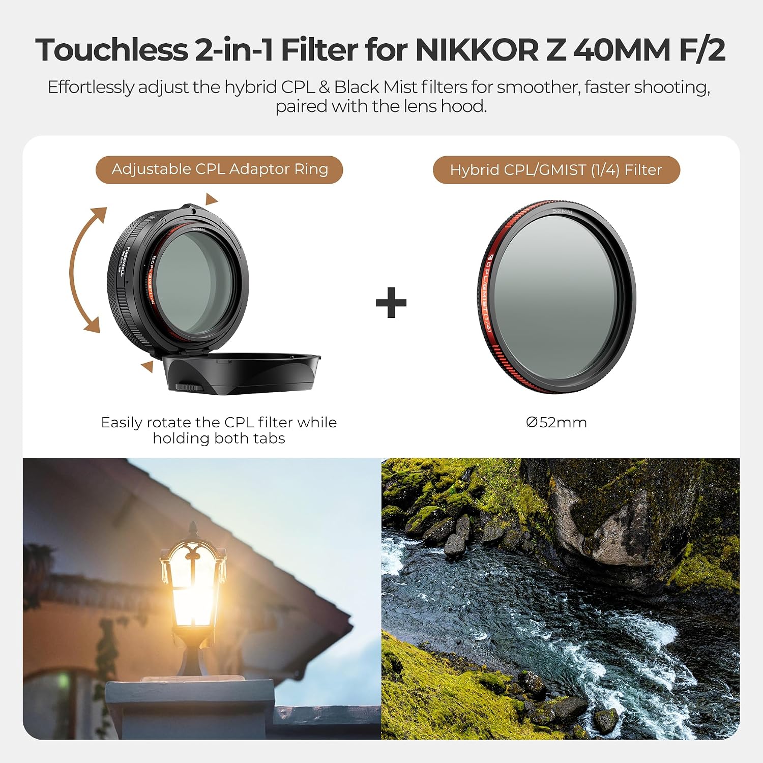 The Real Lens Hood – CPL/Mist Filter, Quick Flip, Touchless Adjustment for Nikon NIKKOR Z 40mm f/2 (Black)