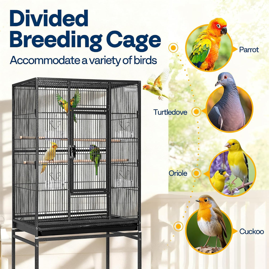 54 Inch Wrought Iron Large Bird Cage with Rolling Stand | Bird Flight Cage with Stand, Casters, Slide-out Tray for