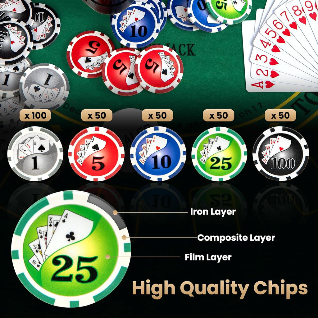 Poker Chip Set, 300 PCS Chips, 2 Decks Cards, Dealer Button, Poker Felt, Aluminum Case for Texas Holdem, Casino
