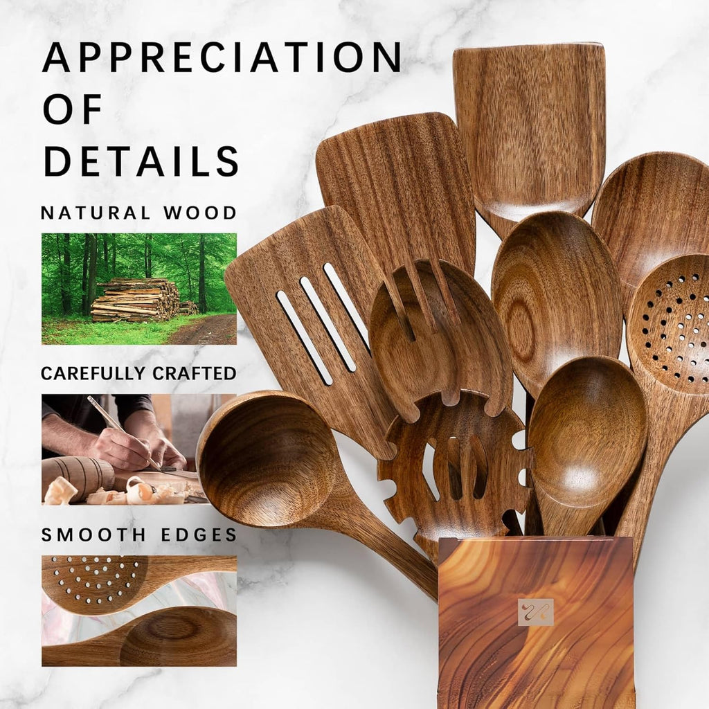 Wooden Spoons for Cooking, Nonstick Cooking Utensil Set with 10 Piece Acacia Wooden Spatulas and Spoons for Cooking