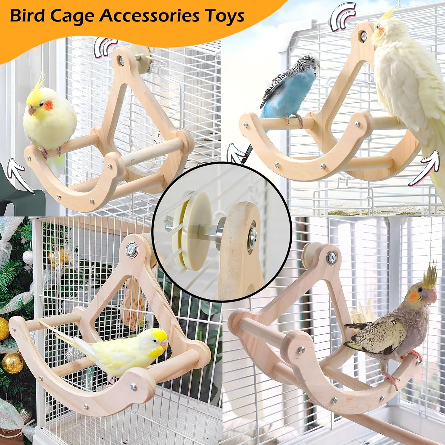 Bird Perch Toy, Wooden Interactive Rocking Parakeet Toys and Perches | Exercise Wheel Cockatiel Toys, Intelligence