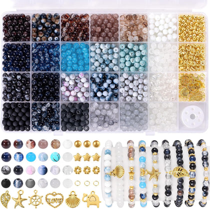 Glass Beads for Jewelry Making, 1377pcs Neutral Tones Bracelet Making Kit, 24 Colors 6mm Round Glass Beads, Marble