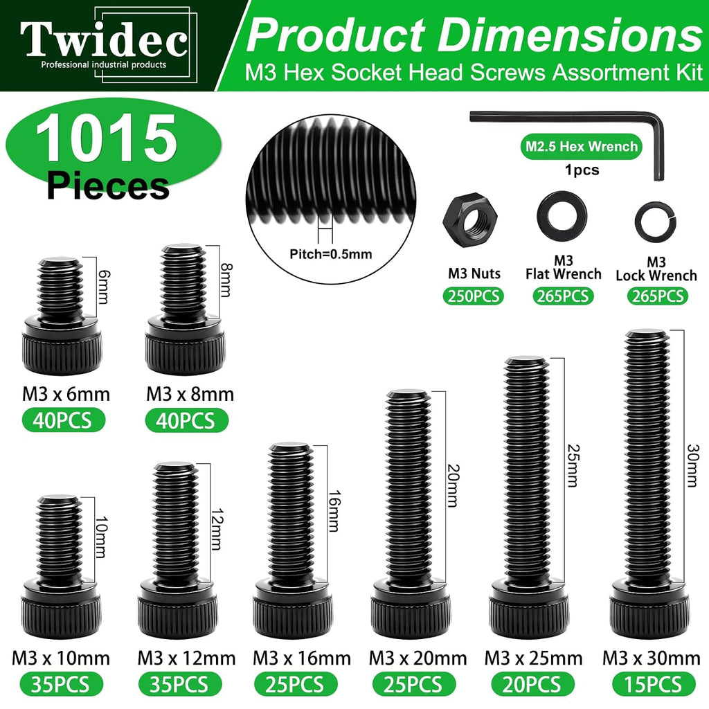 Twidec/1015PCS M3 Screws Assortment Kit,Hex Socket Cap Head Screws