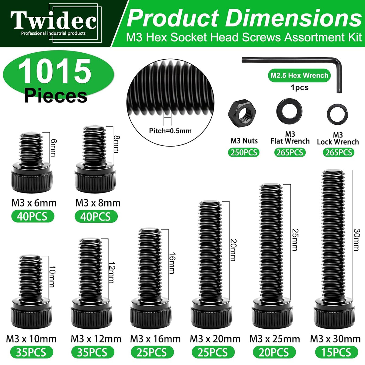 Twidec/1015PCS M3 Screws Assortment Kit,Hex Socket Cap Head Screws
