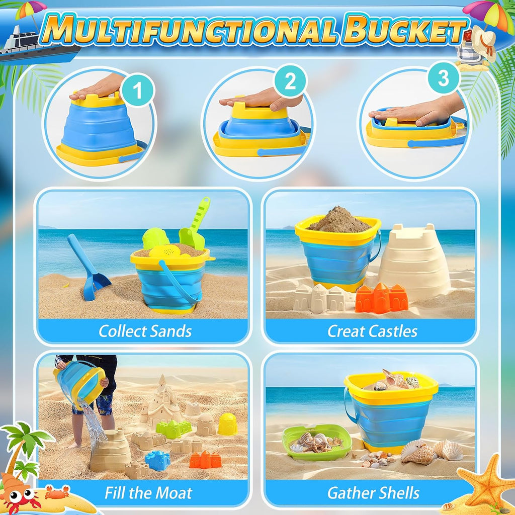 Collapsible Beach Sand Toys for Kids, Sandbox Toys Summer Travel Essentials | Includes Bucket, Sand Shovel, Beach