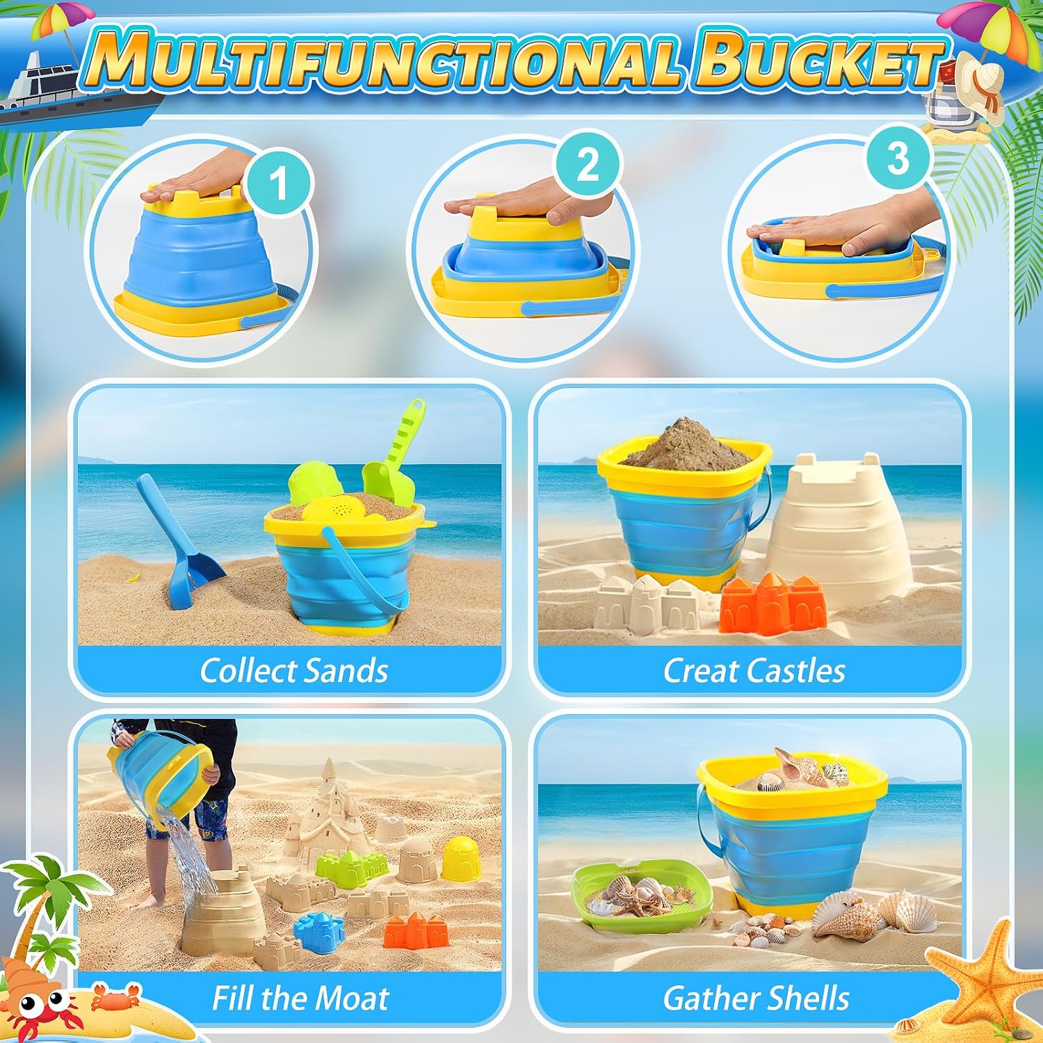 Collapsible Beach Sand Toys for Kids, Sandbox Toys Summer Travel Essentials | Includes Bucket, Sand Shovel, Beach