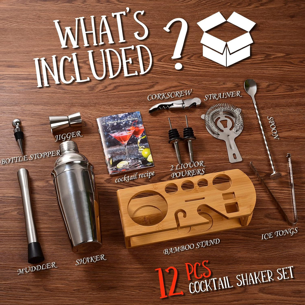 Cocktail Shaker Set Bartender Kit, 12-Pcs Bar Tool with Bamboo Stand