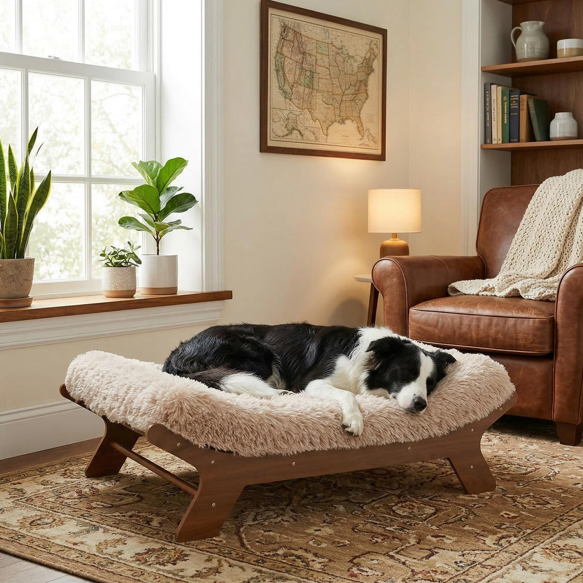 Elevated Wood Dog Bed Frame with Foam Mattress, WalnutPattern, L
