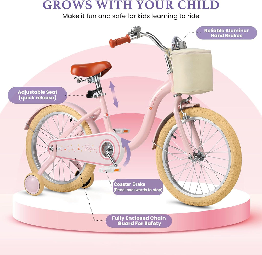 Kids Bike 14 Inch Girls Bicycle for Ages 3-5, Pink | Children Bicycle with Training Wheels, Adjustable Seat, Hand &