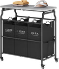 3 Section Laundry Sorter with Iorning Board, Laundry Hamper, Black | Lockable Wheels, Laundry Basket Organizer with