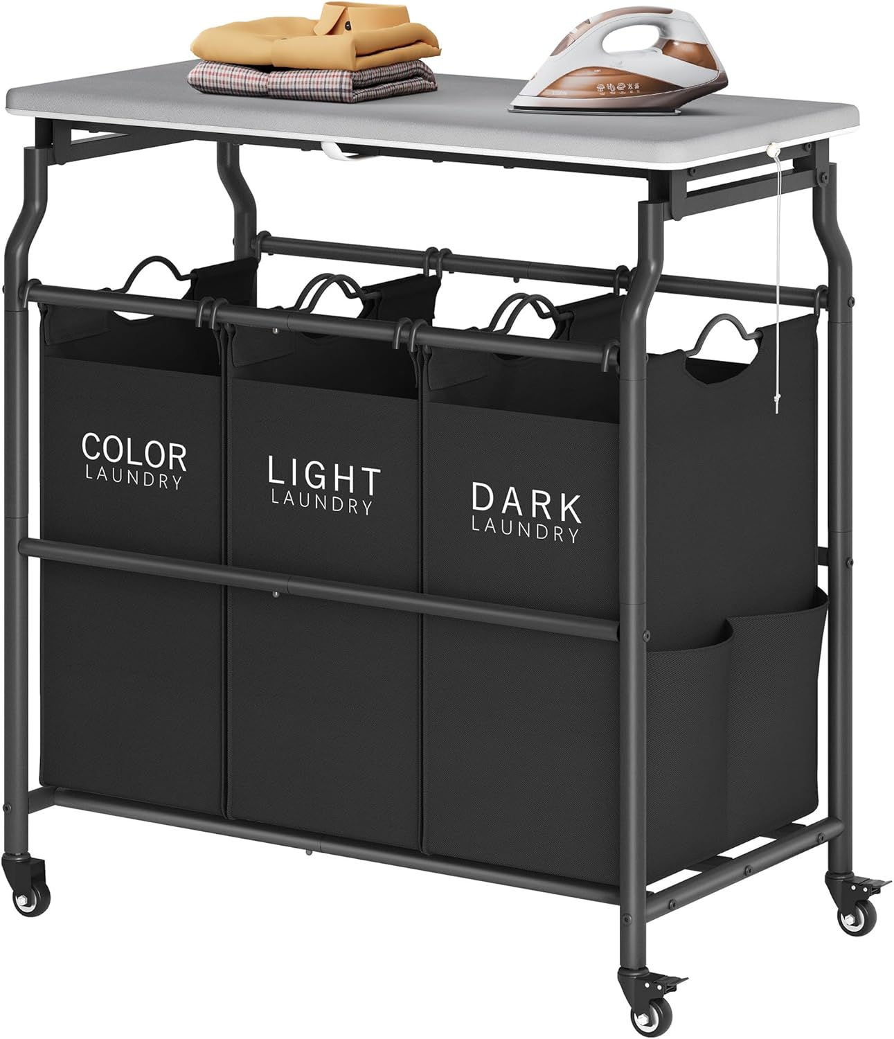 3 Section Laundry Sorter with Iorning Board, Laundry Hamper, Black | Lockable Wheels, Laundry Basket Organizer with