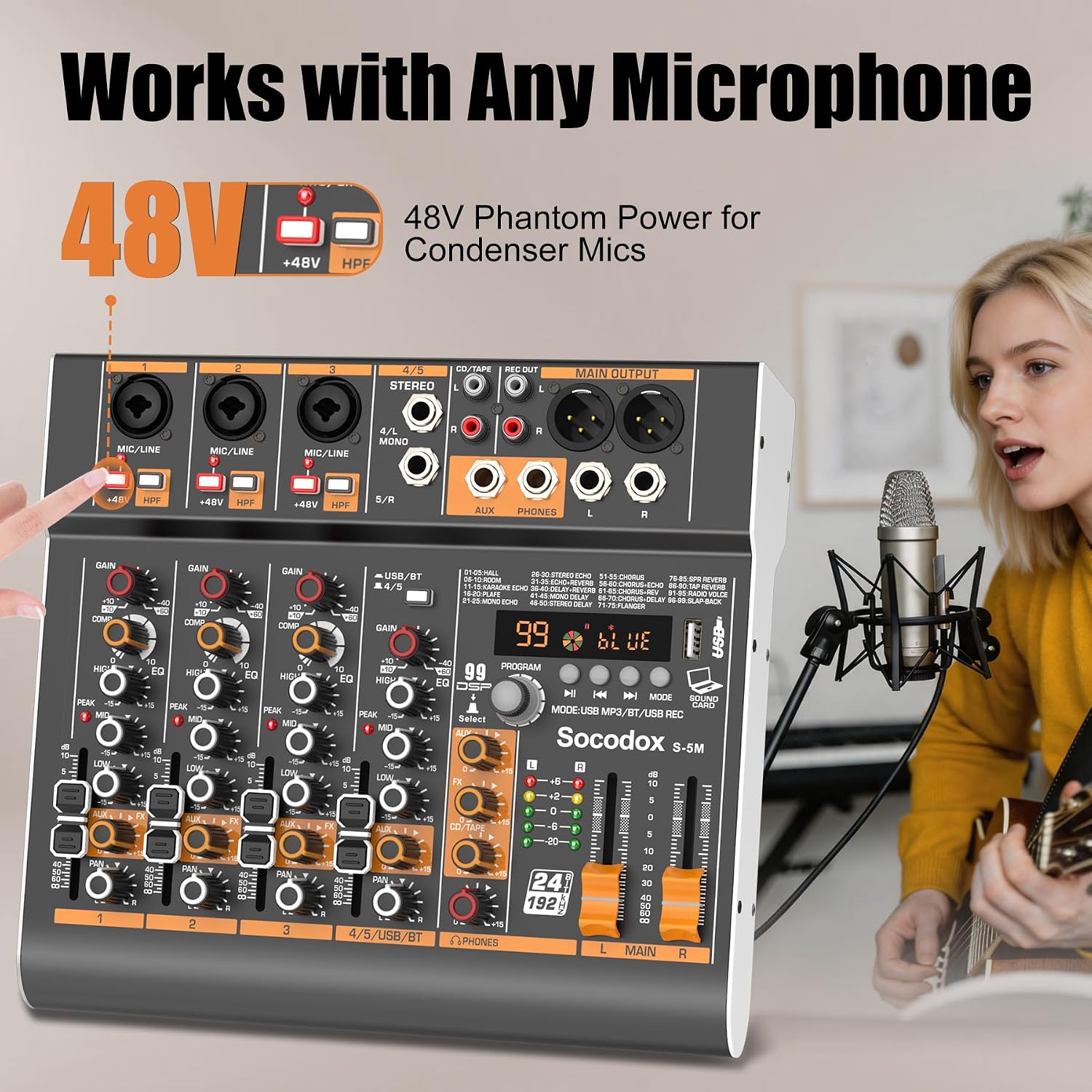5 Channel Audio Mixer with Bluetooth & 99 DSP Effects for Streaming | 48V Phantom, 3-Band EQ, USB Rec, Stereo Inputs