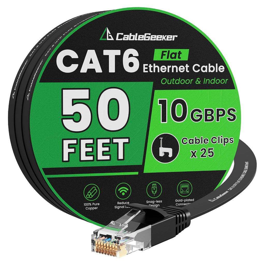 Cat 6 Flat Ethernet Cable 50ft, 10Gbps, Black | 30AWG OFC, 550MHz, Snagless Gold-Plated RJ45, Flat Low-Profile Design