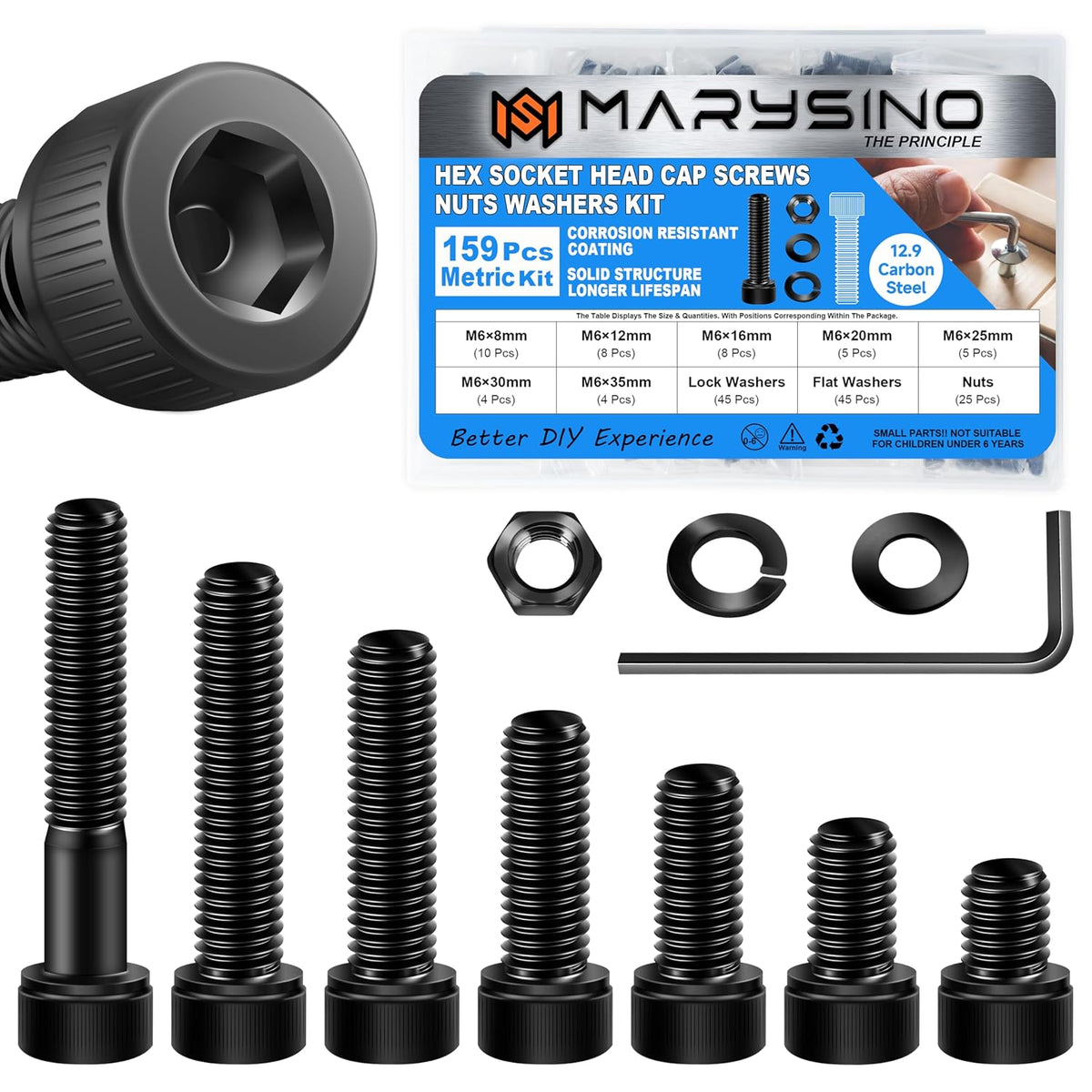 159Pcs M6 Black Oxide Carbon Steel Hex Socket Head Cap Metric Screws Assortment Kit, Home & Office Repairs, Communication Equipment, Ship Assembly, Mechanical Industry
