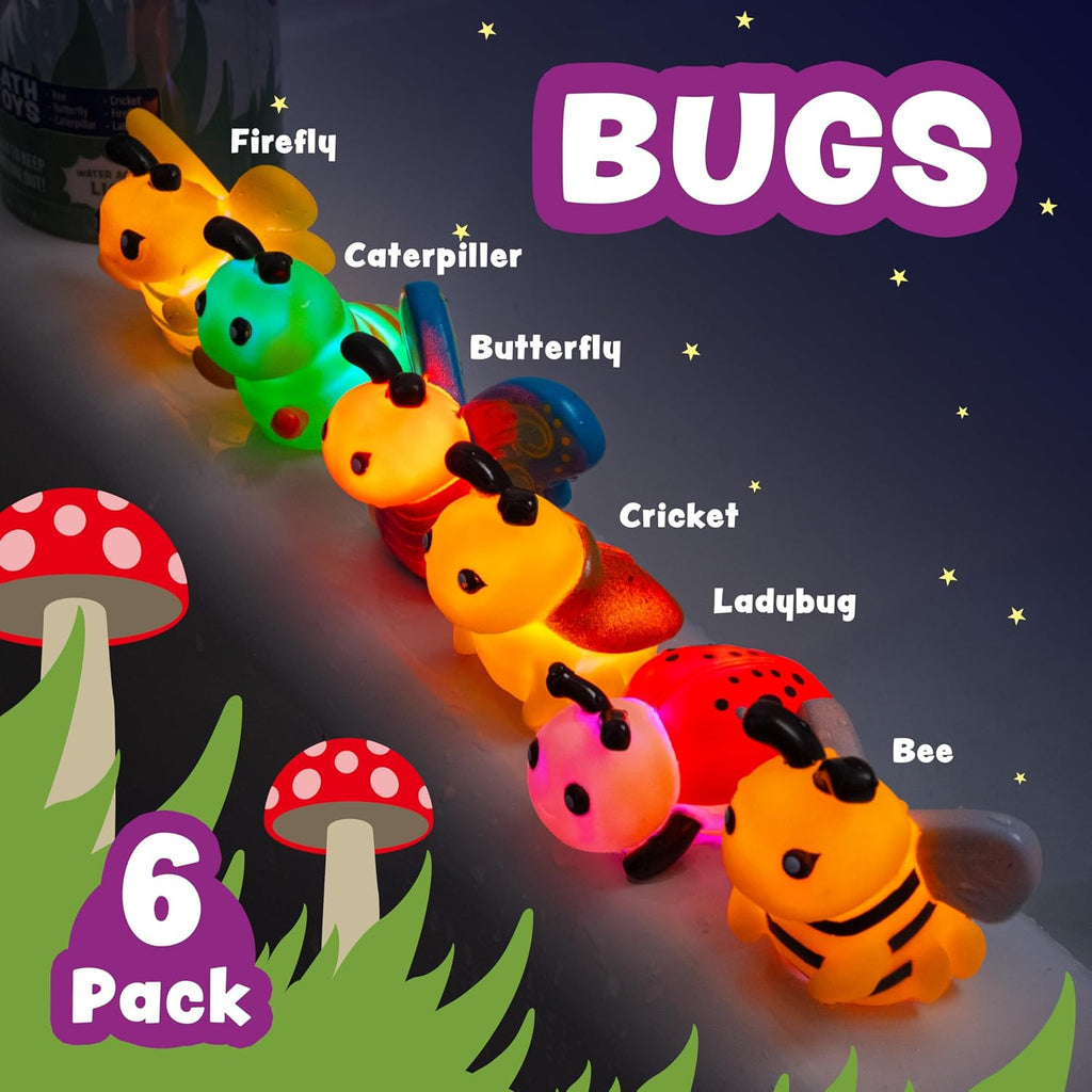 Bugs Light Up Bath Toys, 6 Pack | Water-Activated Light Up Toys Flash & Change Color | Easy-Grip Baby Girl & Toddler