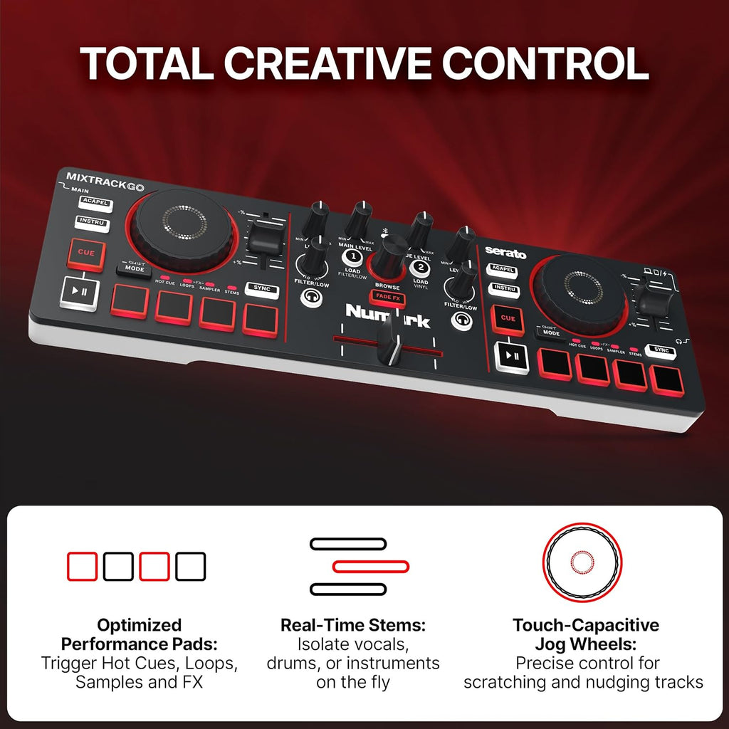 MixTrack Go Compact Bluetooth DJ Controller with Stems Control | 2-Deck DJ Mixer, for Beginners & Mobile DJs, Smart