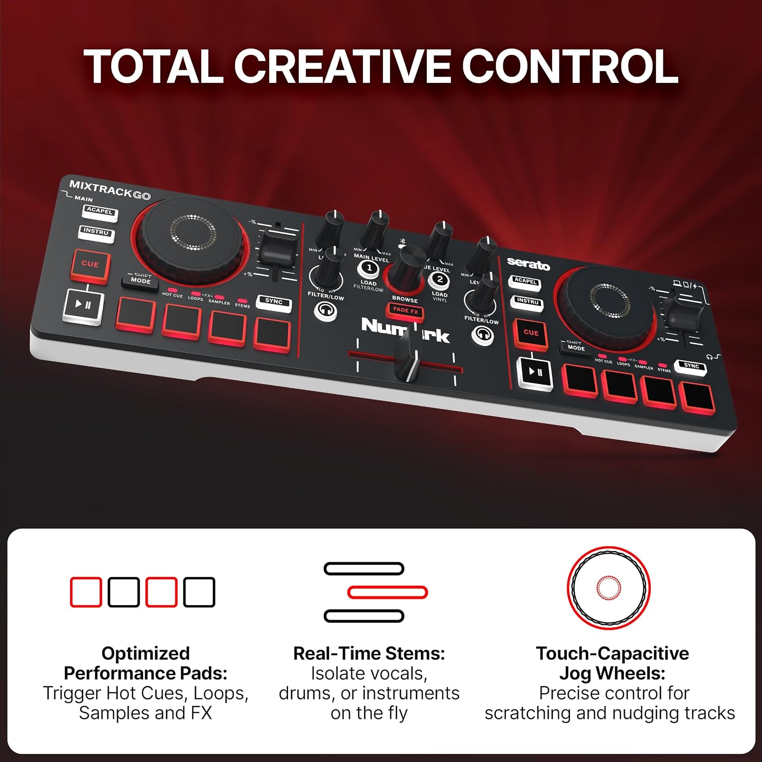 MixTrack Go Compact Bluetooth DJ Controller with Stems Control | 2-Deck DJ Mixer, for Beginners & Mobile DJs, Smart