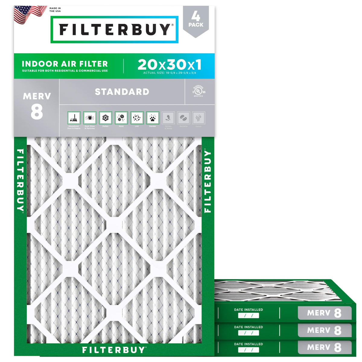 20x30x1 Air Filter MERV 8 Dust & Allergy Defense (4-Pack)