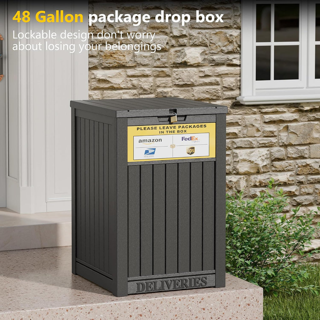 Package Delivery Box for Outside with Sign, 48 Gallon Storage with Lockable Secure, Large Double Wall Resin Outdoor