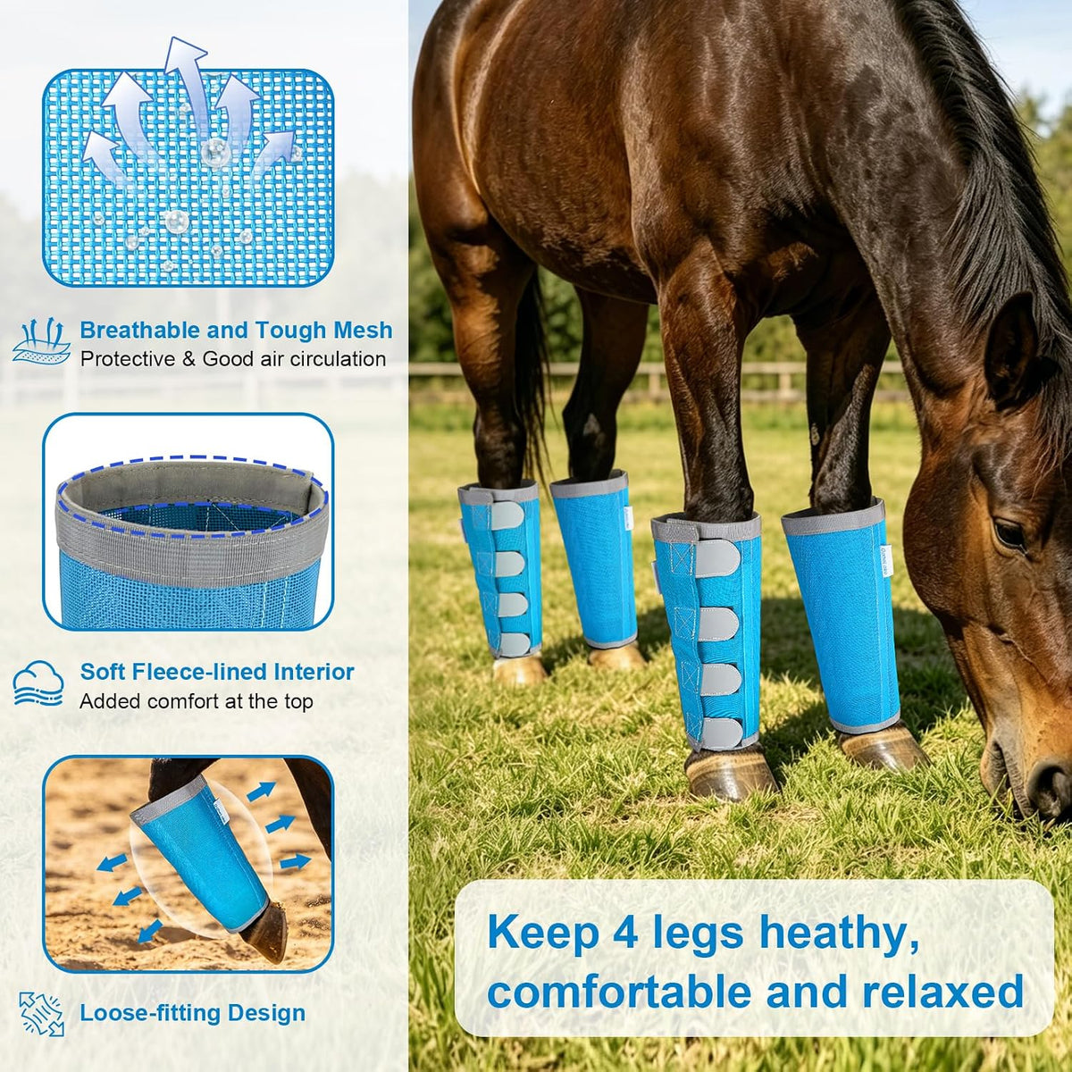 Reflective Horse Fly Boots Set of 4, Loose Fitting Leggings for Horses, Equine Fly Leg Wraps Socks for 4 Legs