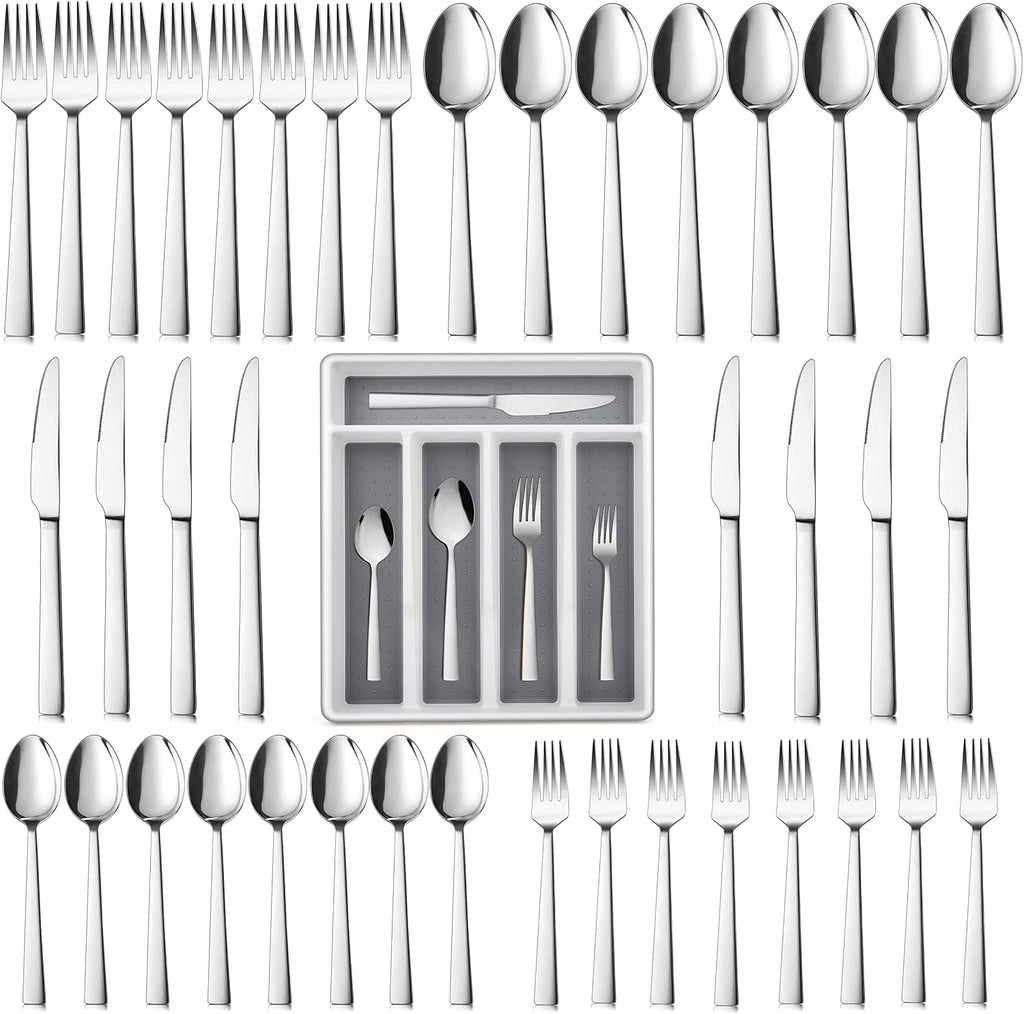 60-Piece Silverware Set with Organizer Tray, Stainless Steel Square Flatware Cutlery Set for 12, Tableware Eating