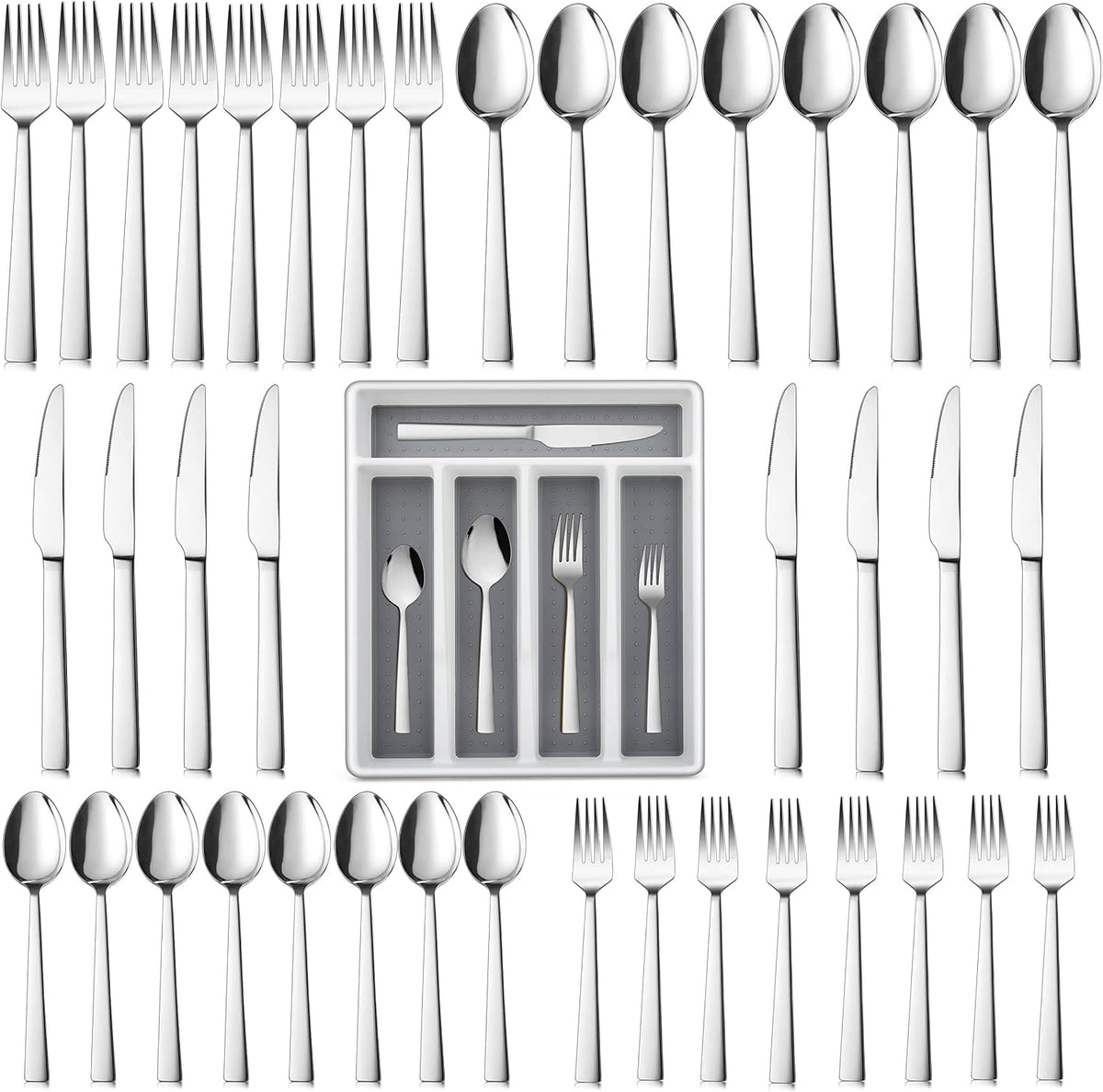 60-Piece Silverware Set with Organizer Tray, Stainless Steel Square Flatware Cutlery Set for 12, Tableware Eating