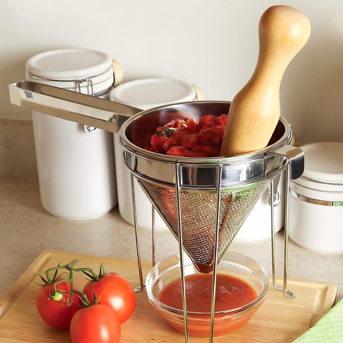 Stainless Steel Chinois Strainer with Stand and Wooden Pestle, 1 Set