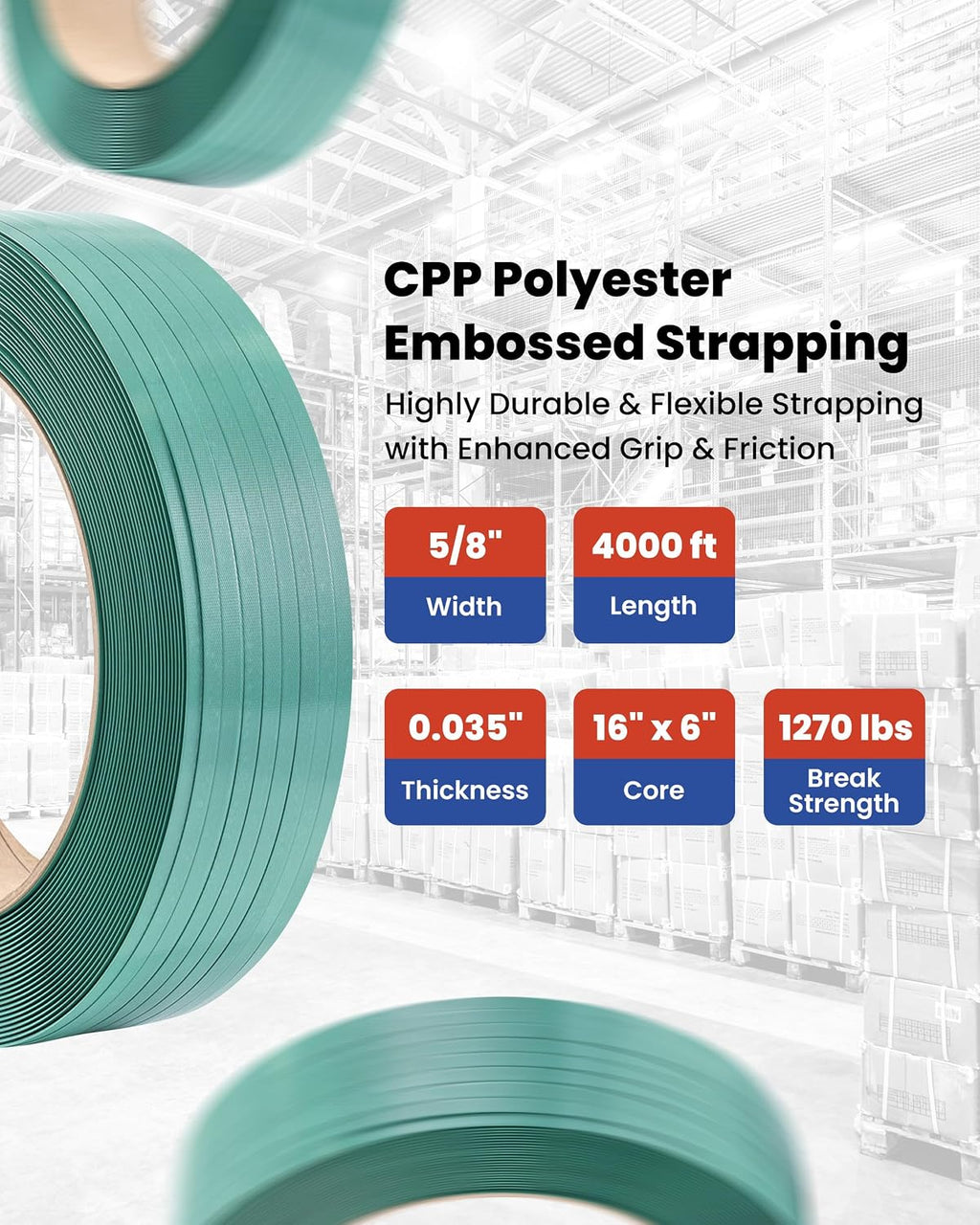 CPP 5/8" x .035" x 4000' Embossed Polyester Strapping for Pallet Banding, Heavy Duty Box Straps, Brick and Lumber