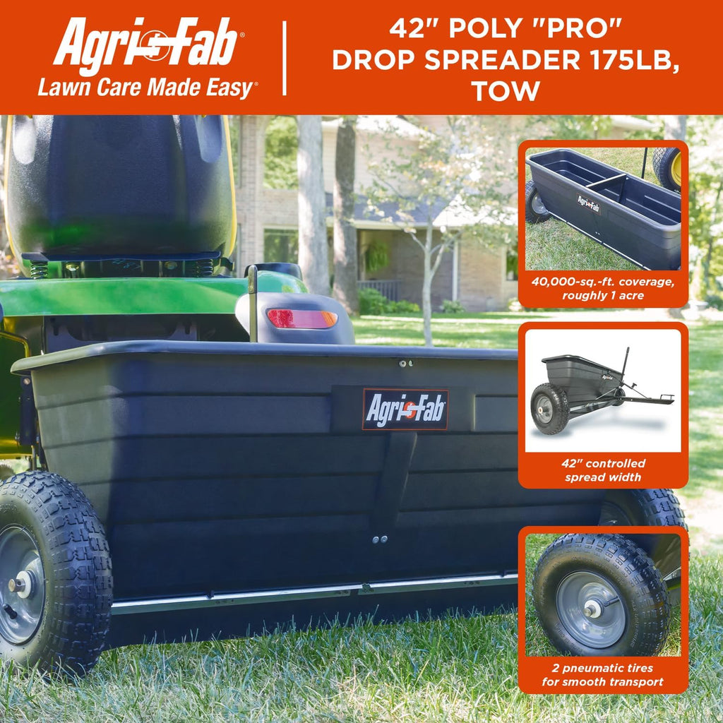 Tow Behind Lawn and Garden Drop Spreader for Seed, Fertilizer, Salt and Ice Melt, 175 lb Capacity with 42 In Spread