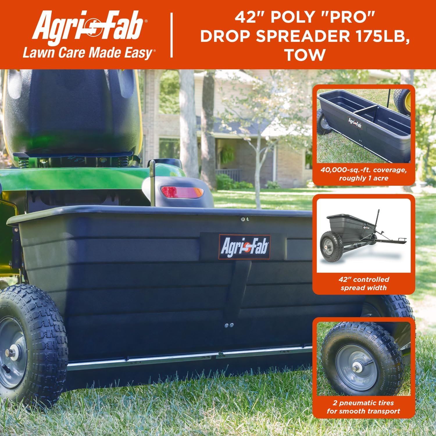 Tow Behind Lawn and Garden Drop Spreader for Seed, Fertilizer, Salt and Ice Melt, 175 lb Capacity with 42 In Spread