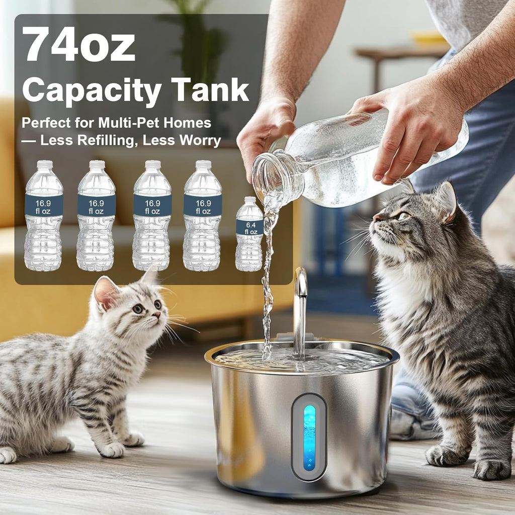 Cat Water Fountain, 74oz/2.2L Cat Fountain for Drinking - Pet Water Fountain Stainless Steel for Cats Inside - Quiet