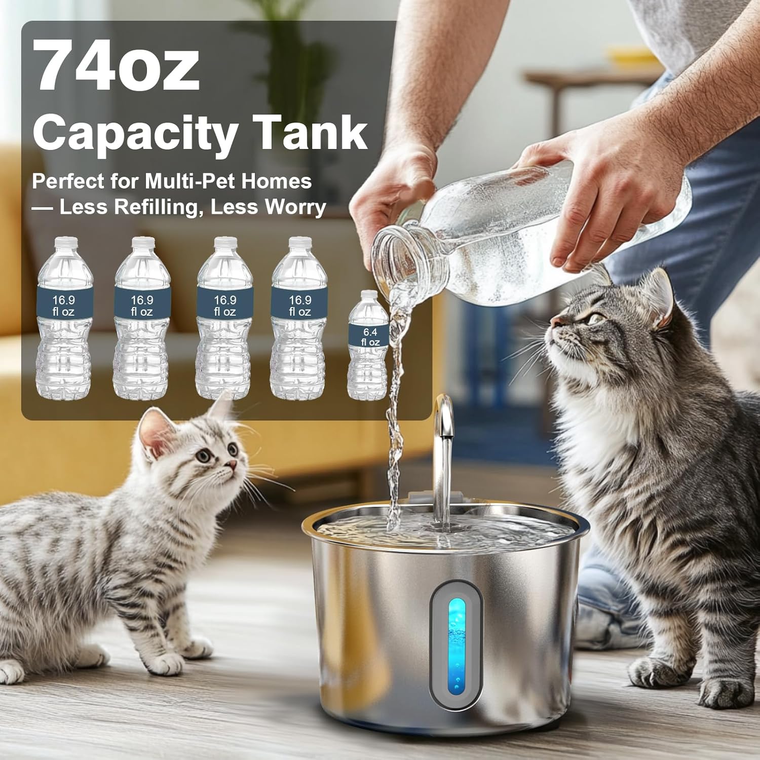 Cat Water Fountain, 74oz/2.2L Cat Fountain for Drinking - Pet Water Fountain Stainless Steel for Cats Inside - Quiet