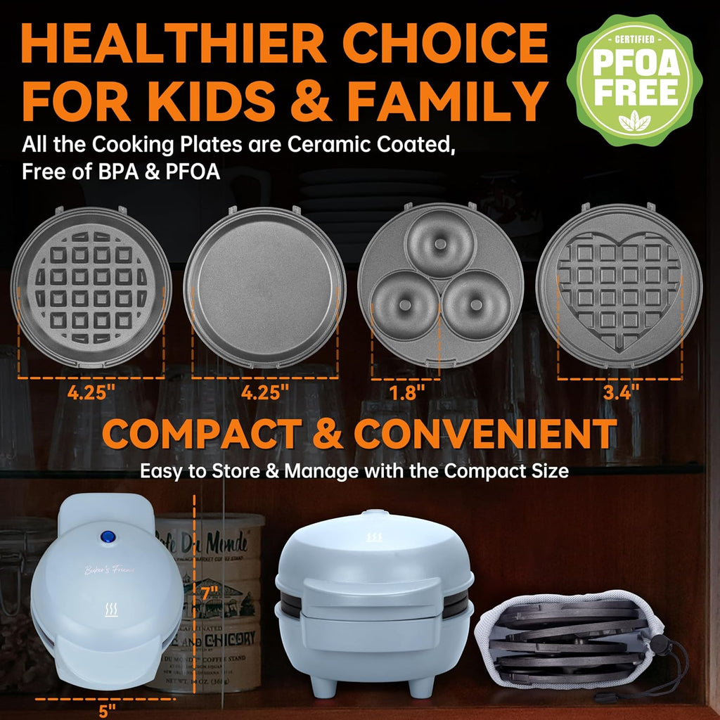 4 in 1 Mini Waffle Maker with Removable Plates, Set Includes Mini Pancake, Donut, Heart Shape Waffle Makers, Compact