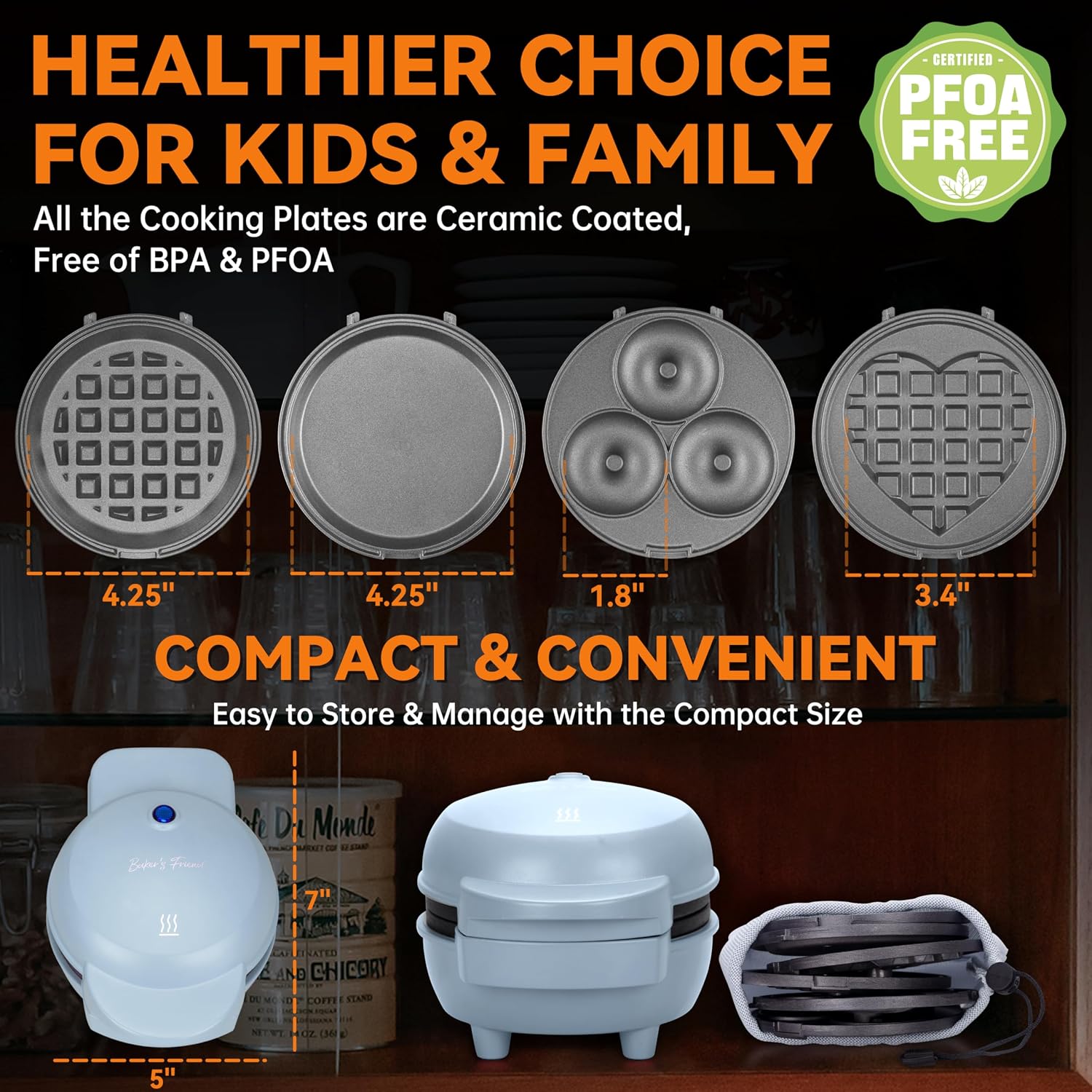 4 in 1 Mini Waffle Maker with Removable Plates, Set Includes Mini Pancake, Donut, Heart Shape Waffle Makers, Compact