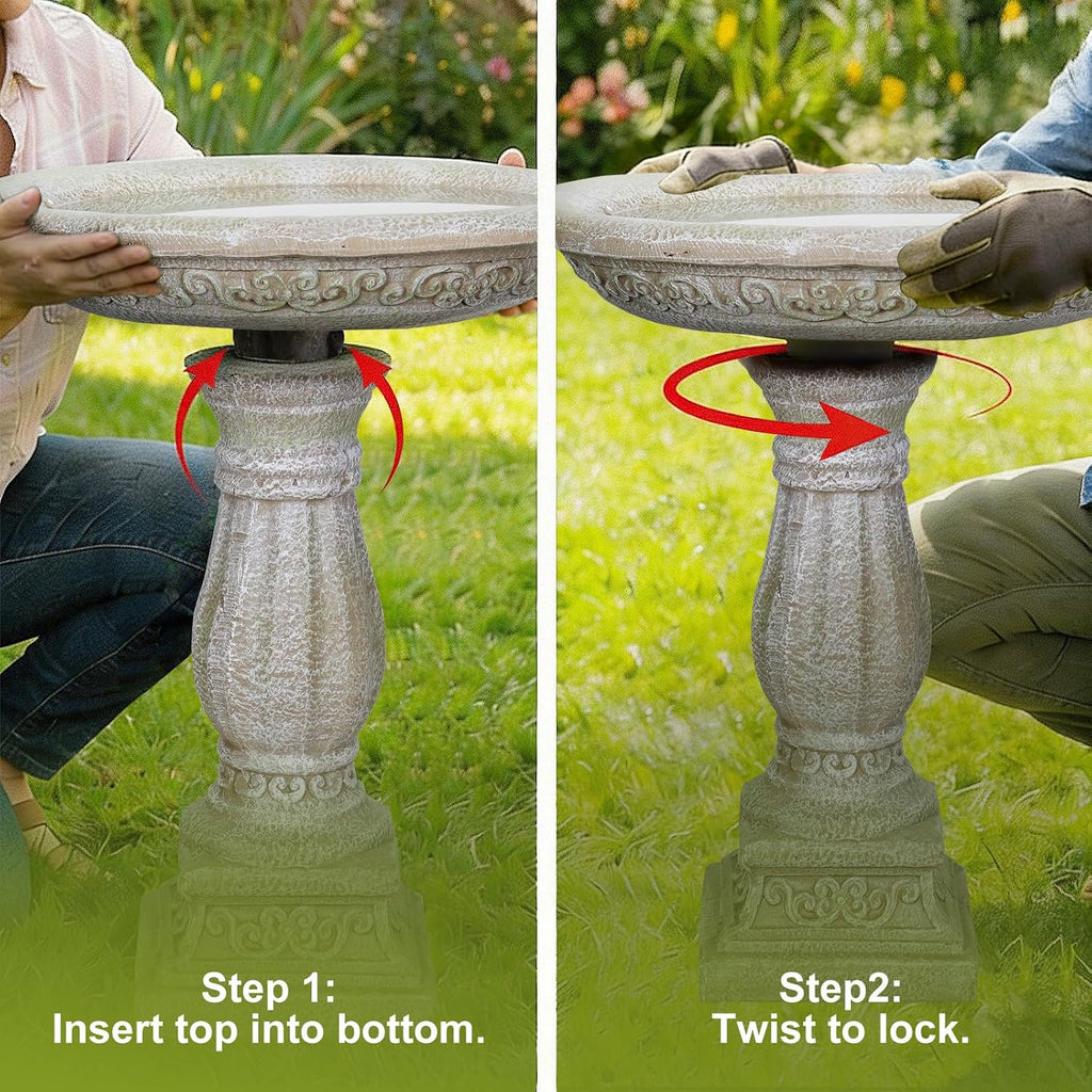 23.8" Tall Pedestal Bird Bath for Outdoor, Antique Weathered Concrete Birdbath with Decorative Carving, Durable