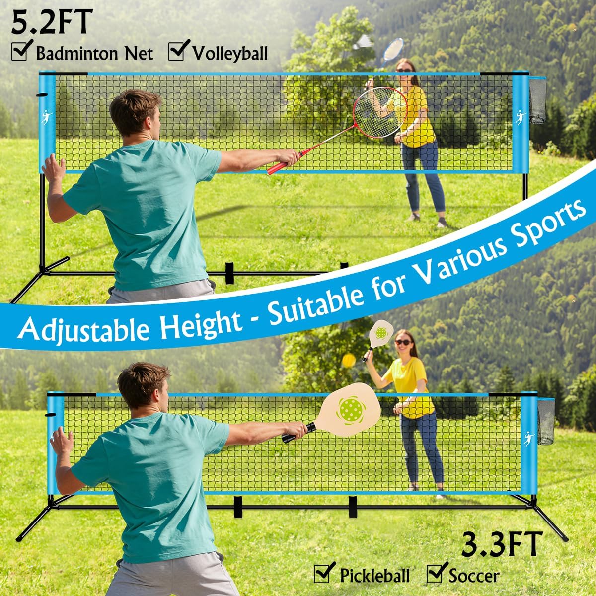 Pickleball Badminton Net Set for Backyards, All-in-One Portable Volleyball Combo Set with Adjustable Net, Volleyball