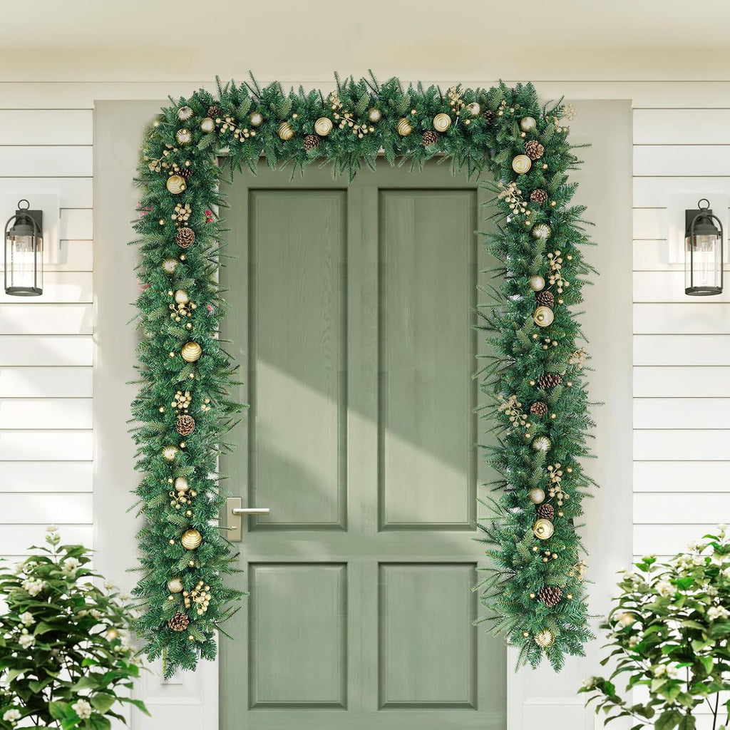 9FT Pre-Lit Artificial Christmas Garland with 50 Led Light, Green, Decorated with Pine Cones, Glitter Powder Gold