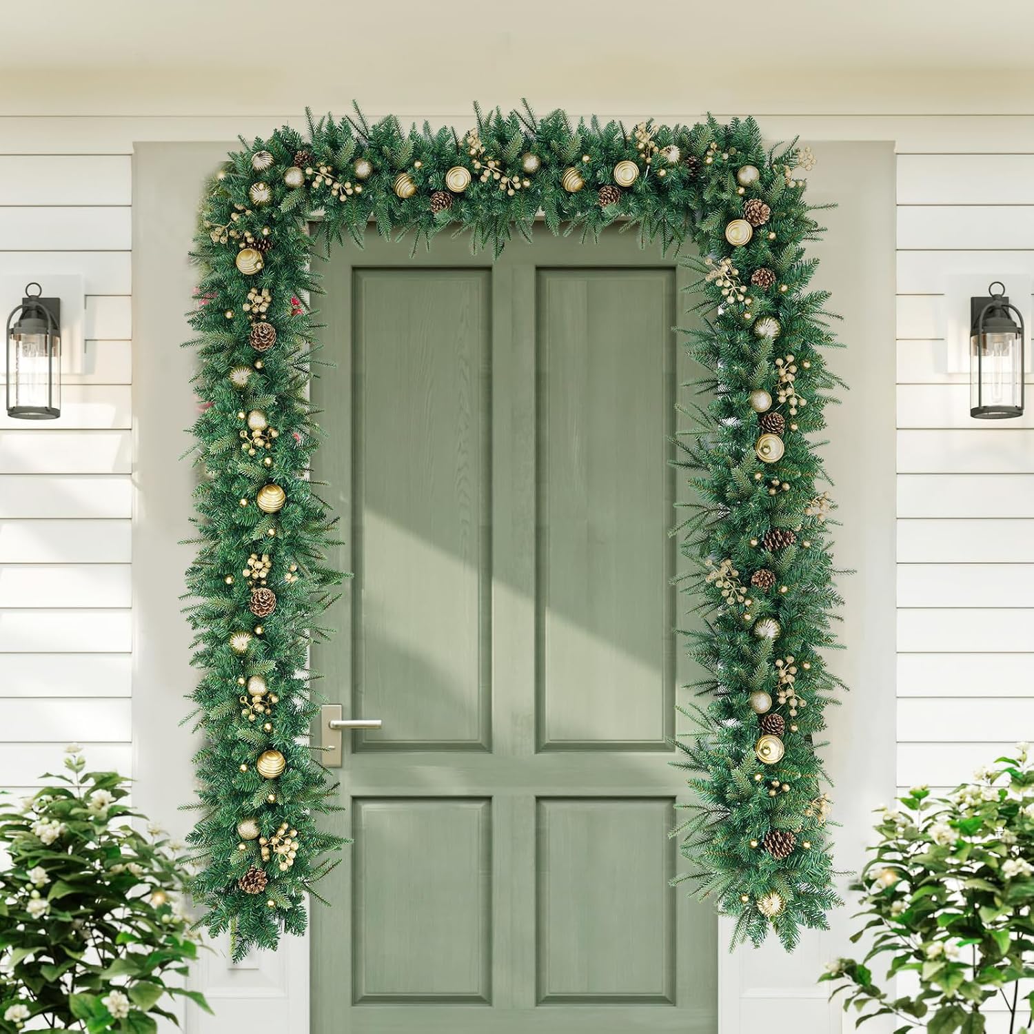 9FT Pre-Lit Artificial Christmas Garland with 50 Led Light, Green, Decorated with Pine Cones, Glitter Powder Gold