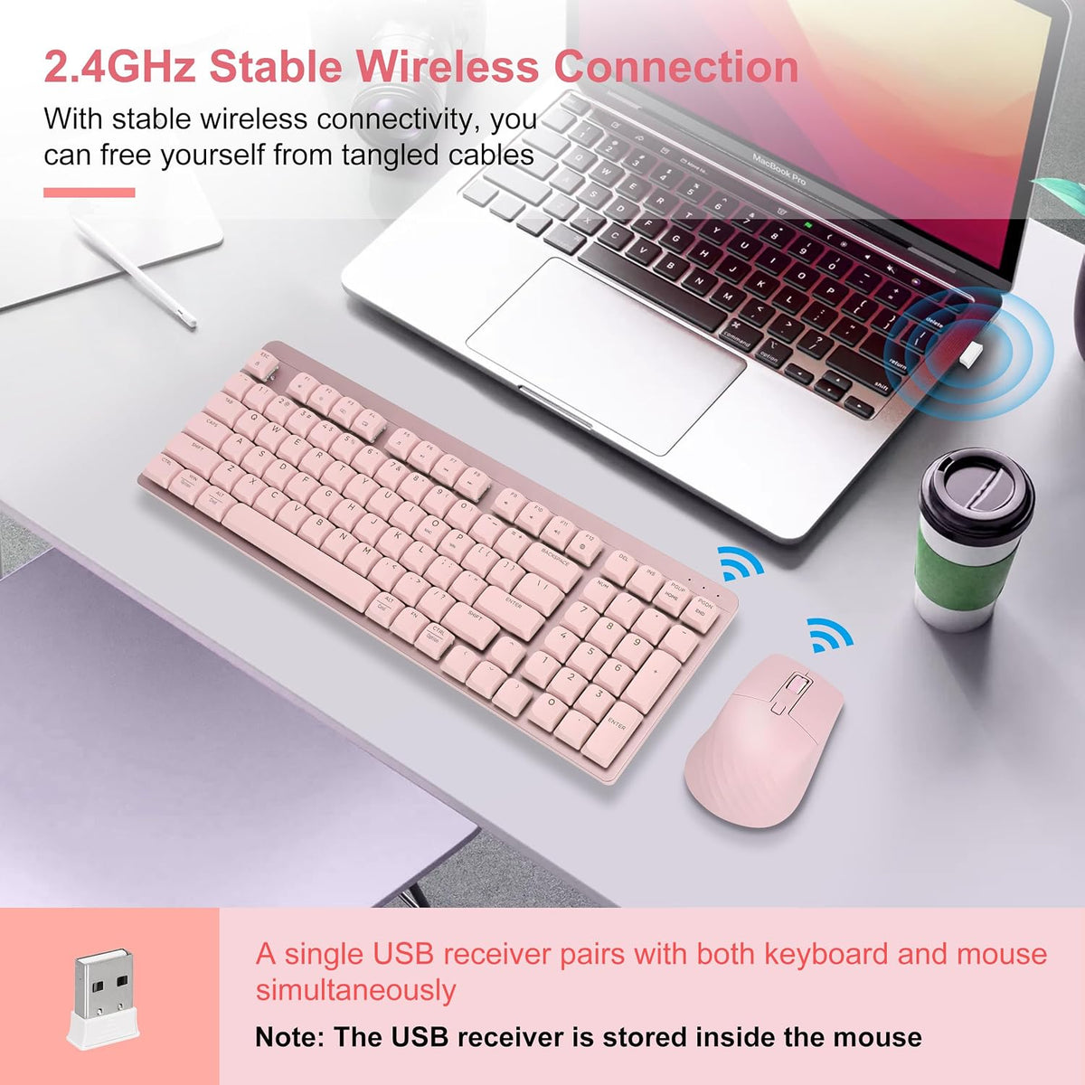 Wireless Keyboard and Mouse Combo, 2.4Ghz Cordless Mechanical Keyboard and Silent Mouse for Business, Low-Profile Red