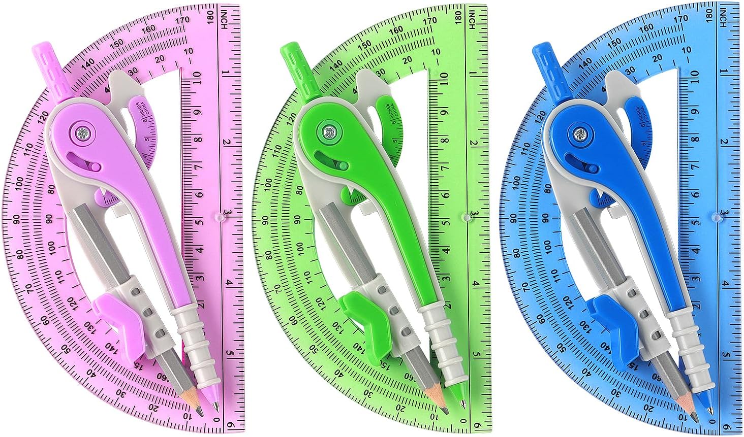 180-Degree Protractor and Compass Set 3 Colors | Precision drawing, 180° measurement, Student geometry