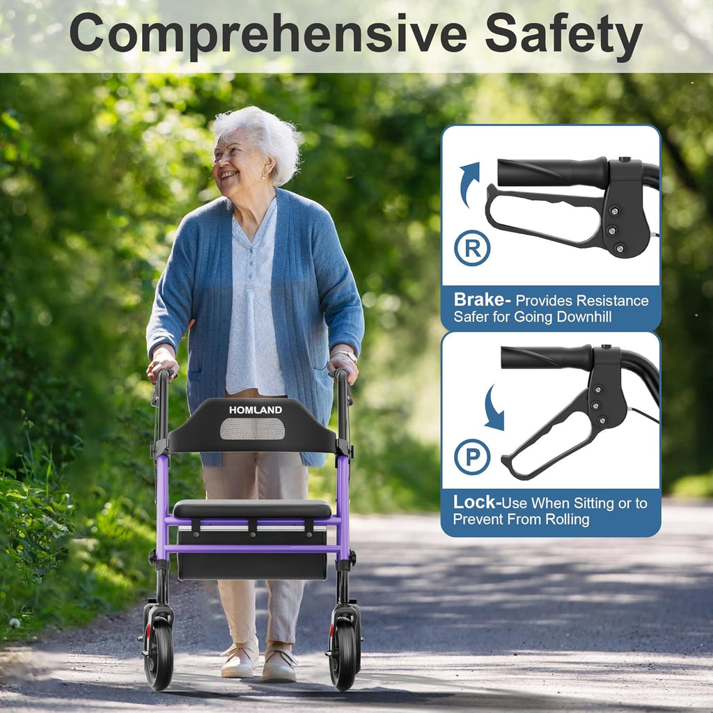 Foldable Rollator Walkers with Seat for Seniors, 8'' Big Wheels, 350 lb. Weight Capacity, Adjustable Handles and Seat