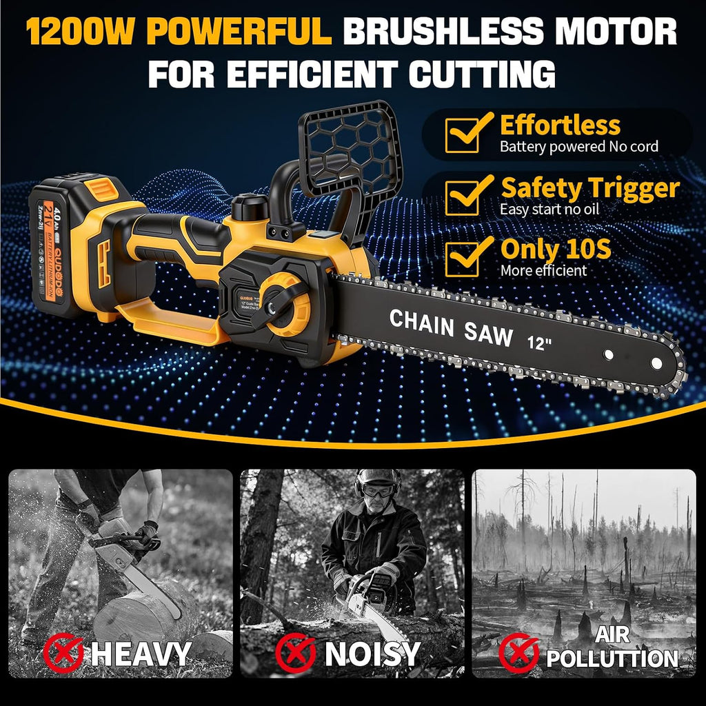 12" Brushless Cordless, Chainsaw with 2x4.0 Ah Batteries, 1200W High Power Electric Chainsaw with Auto Oiler & 2