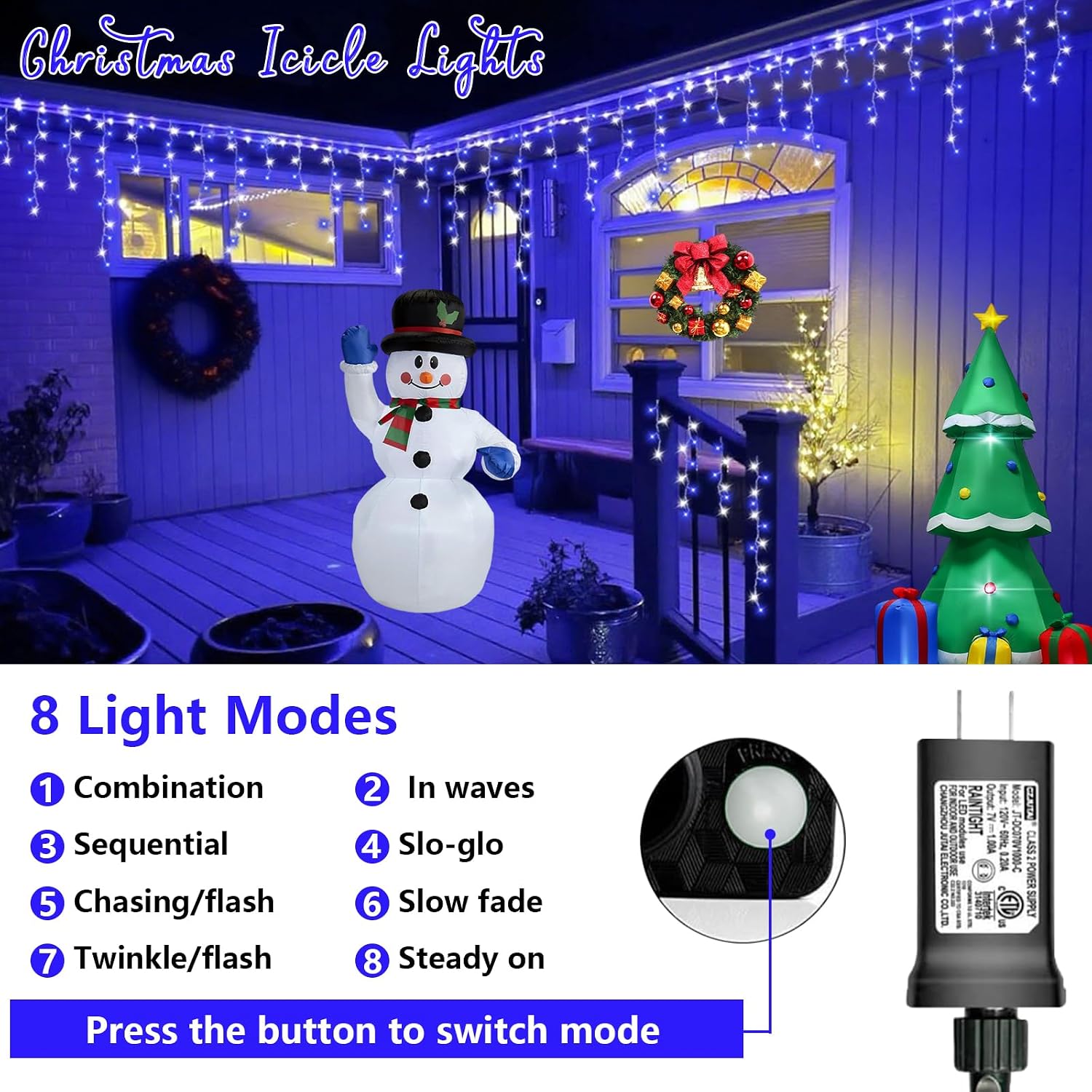 Blue and White Icicle Lights for Outside, 33ft 400 LED String Light Indoor Plug in, 8 Modes Connectable Icicle