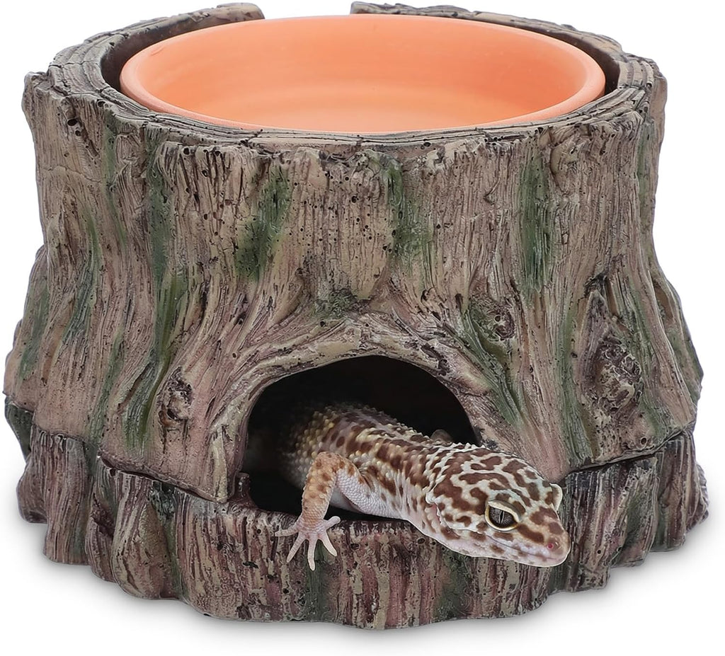 3 in 1 Reptile Hide Cave with Detachable Base & Humidity Dish, Essential Terrarium Decor for Crested Gecko, Leopard