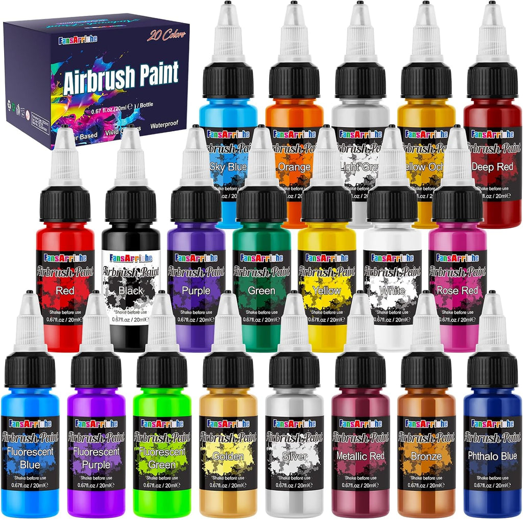 Airbrush Paint, 20 Colors x 20 ml Acrylic Air Brush Paint Kit | Ready to Spray, Water-Based, Opaque & Neon Colors