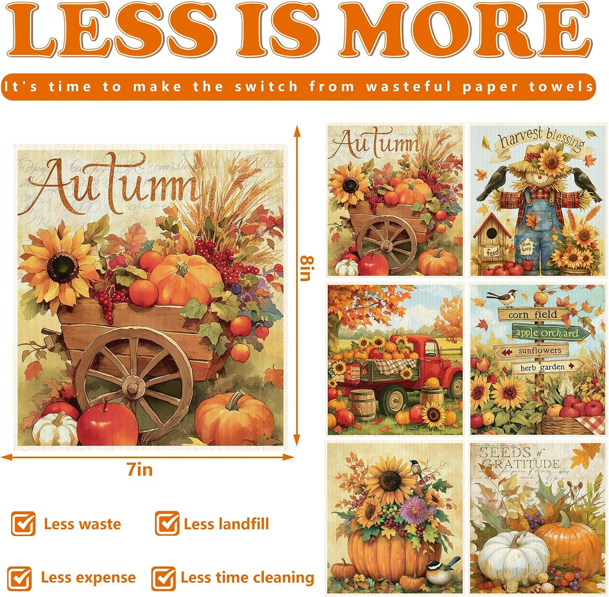 Fall Swedish Dishcloths, Pumpkin, Sunflower, 6 Pcs, 7 x 8 Inch