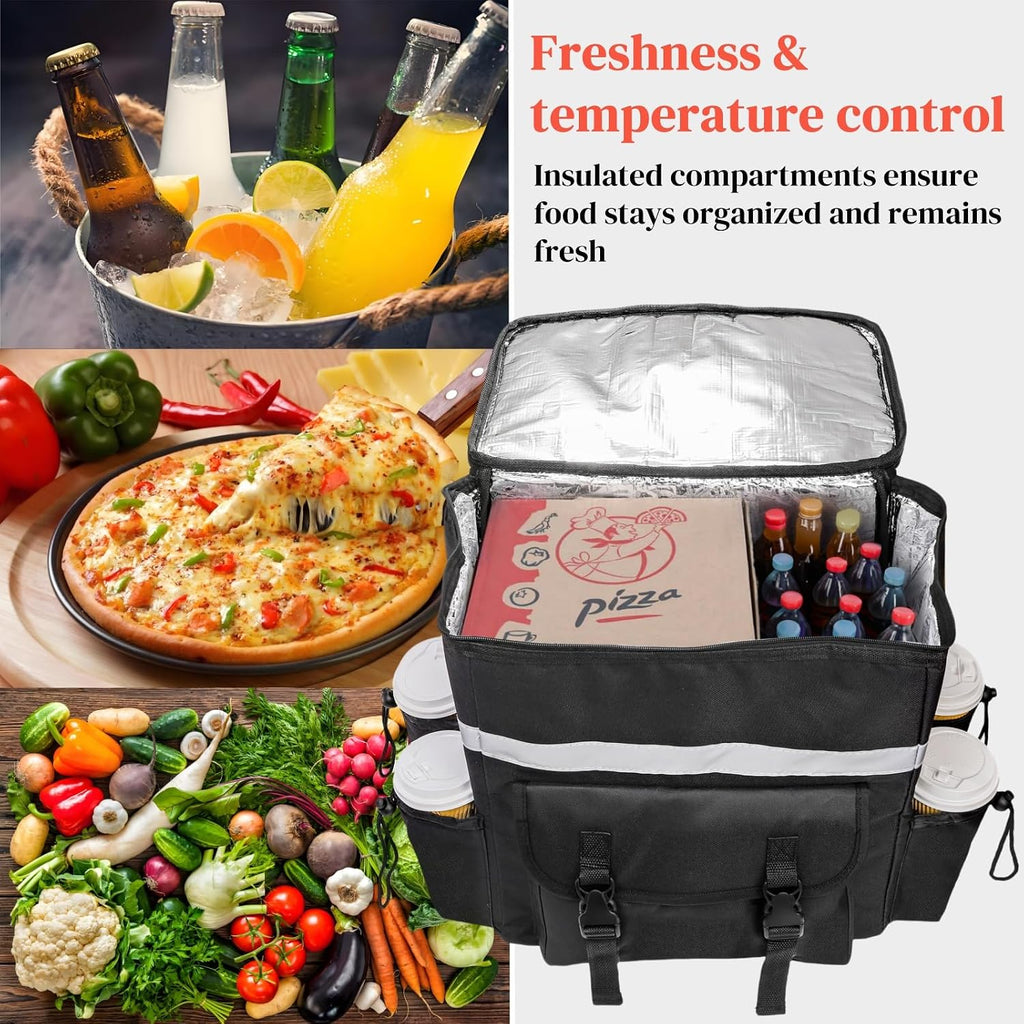 Food Delivery Backpack with 4 Cup Holder, Insulated Hot Pizza Bag