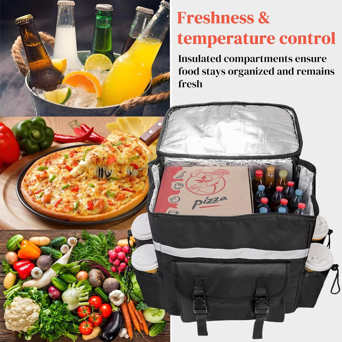 Food Delivery Backpack with 4 Cup Holder, Insulated Hot Pizza Bag